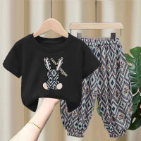 Children's suits for boys and girls, summer thin baby short-sleeved T-shirt tops, anti-mosquito pants, two-piece set, trendy sports children's clothing  Black