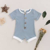 Boys and girls baby short-sleeved round-neck ribbed romper cute one-piece crawling suit  Blue