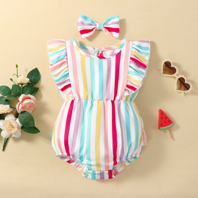 Baby Girl Rainbow Stripe Ruffle-sleeve Bodysuit & Bow-knot Headband