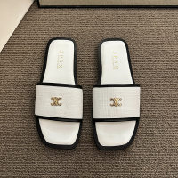 Chanel style flat slippers for women to wear as outerwear, fashionable French sandals, soft-soled beach flip flops  White
