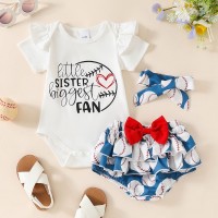 Summer baby girl letter heart print small flying sleeve top + tennis full print multi-layer ruffled bow briefs + headscarf three-piece set  White