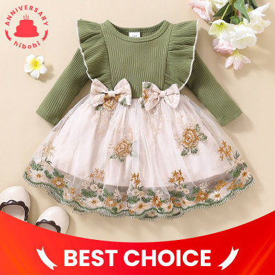 Baby Floral Patchwork Bowknot Decor Ruffled Sleeve Dress
