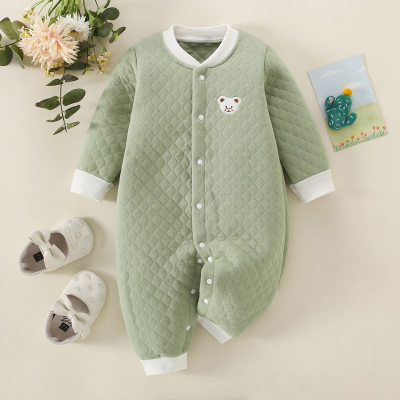Baby Boy Pure Cotton Solid Color Bear Appliqué Button-up Long-sleeved Long-leg Romper