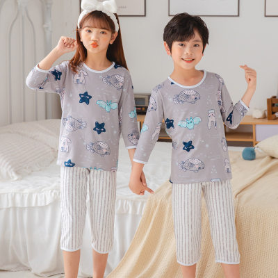 Verão novas crianças algodão seda manga de três quartos fina casa roupas pijamas conjunto