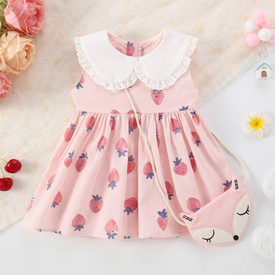 2-piece Baby Girl Lapel Patchwork Allover Strawberry Printed Sleeveless Dress & Matching Fox Style Bag