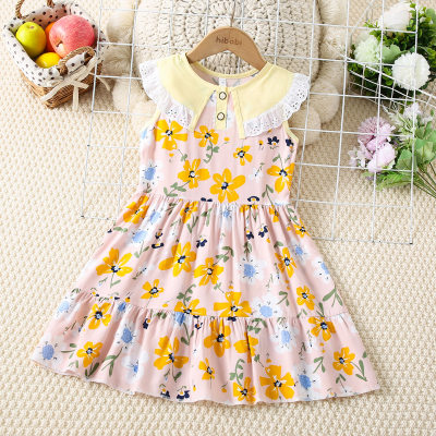 Toddler Girl Allover Floral Printed Lapel Patchwork Sleeveless Dress