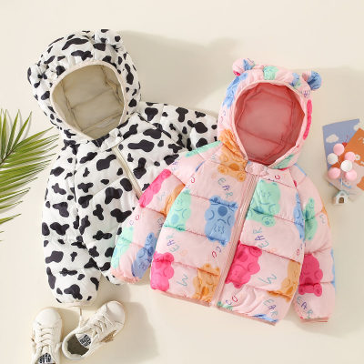 Toddler Girl Allover Printed Bear Style Hooded Zip-up Cotton-padded Coat