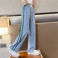 Calças de verão para meninas tencel jeans calças largas calças médias e grandes meninas calças retas estilo fino  Azul