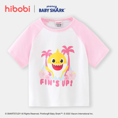 hibobi x Baby Shark Toddler Girl Casual Cute Letter Print Round Collar Cotton T-shirt