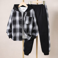 Kid Color Block Plaid Printed Long Sleeve Sweater & Pants  Black