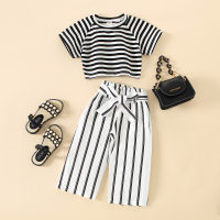 Toddler Girls Vertical Stripes Horizontal Stripes Top & Capri Pants  black and white stripes