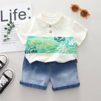 2024 summer new boys color matching POLO shirt short-sleeved suit baby boy casual denim shorts two-piece suit  White