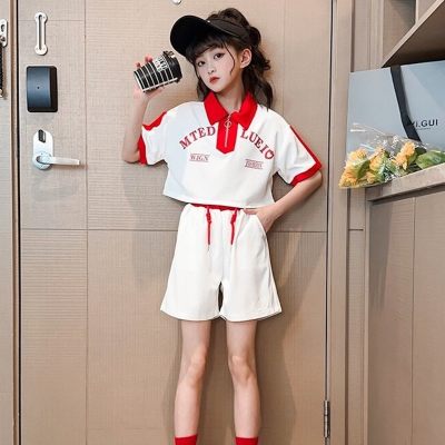 Children's short-sleeved suit summer girls Korean trend suit lapel short-sleeved shorts suit sports girls suit