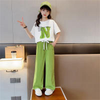 Camiseta fina con estampado de letras para niña, pantalones de pierna ancha, traje de dos piezas, traje deportivo mediano y grande a la moda para verano  Verde