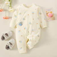 Baby Boy Pure Cotton Allover Cartoon Pattern V-neck Seamless Long-sleeved Long-leg Romper  Light Blue