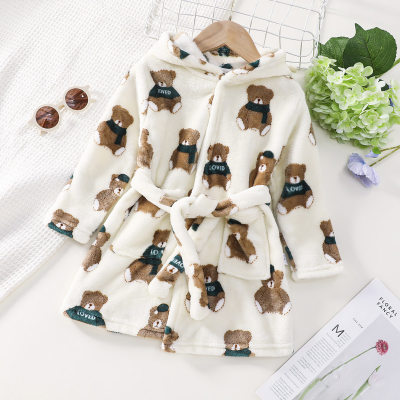 Toddler Boy Allover Bear Pattern Hooded Long Sleeve Plush Bathrobe