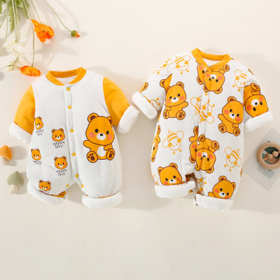 Brother and Sister Pure Cotton Color-block Allover Bear Pattern Button-up Seamless Long-sleeved Long-leg Romper