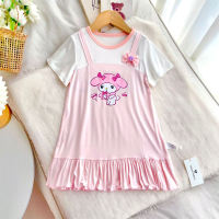 Children's skirt nightdress girl modal home soft dress cartoon cute hairpin  Pink