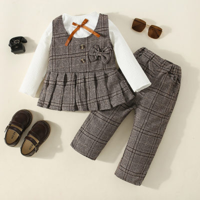 3-piece Toddler Girl Solid Color Bowknot Decor Top & Plaid Bowknot Decor Sleeveless Dress & Plaid Pants