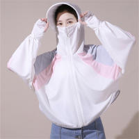 Splicing contrast color sun protection clothing beach ice silk sun protection clothing hooded jacket  White