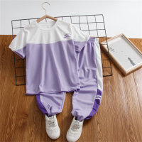 Girls' fashionable mesh breathable sports suit with contrasting letters and short-sleeved trousers, two-piece suit  Purple
