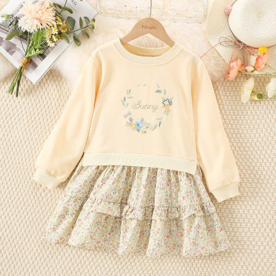 Kid Girl Pure Cotton 2 in 1 Floral Patchwork Bowknot Decor Long Sleeve Dress