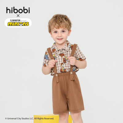 Minions × hibobi Boy Baby Printed Brown Checked Bib Pants Set