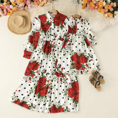 Mom Baby Clothes Elegant Floral Print Shirt Collar Long Sleeve Dress