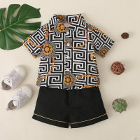 Toddler Boy Shirt Collar Boho Color-block Top & Shorts  Black