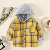 Toddler Boy Plaid Patchwork Hooded Button-up Jacket  Yellow