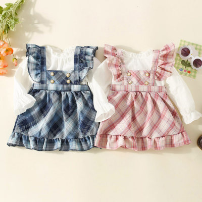 Brother and Sister Solid Color Ruffled Collar Shirt & Plaid Ruffled Bead Decor Overall Dress