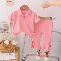 New summer style comfortable and fashionable lapel short-sleeved tie nine-point pants suit for small and medium-sized children girls summer suit  Pink