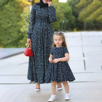 Elegant Wave Point Print Long Sleeve Dress for Mom and Me  Deep Blue