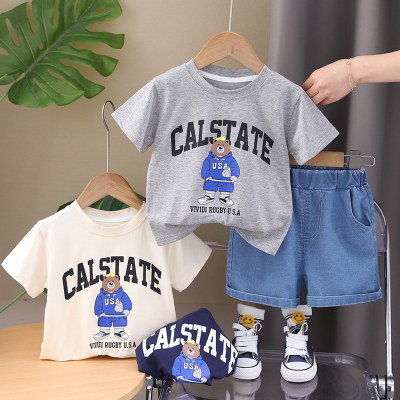 A drop-shipping children's new summer short-sleeved children's clothing for small and medium-sized boys and girls casual round neck T-shirt denim shorts set