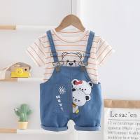 Girls summer short-sleeved suit new style baby colorful bear overalls baby girl summer two-piece suit  Orange
