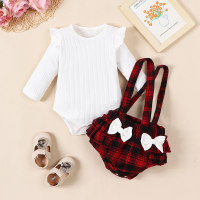 Baby Girl 2 Pieces Ruffle-sleeve Bodysuit & Plaid Ruffle Bowknot Suspender Pants  White