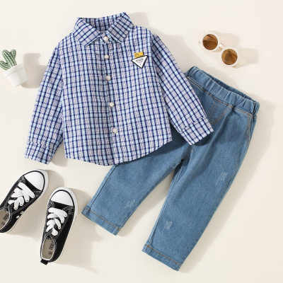 Toddler Boy Plaid Long-sleeve Shirt & Jeans Trousers