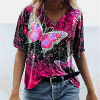 Women's Butterfly Short Sleeve Printed T-Shirt Top  Red