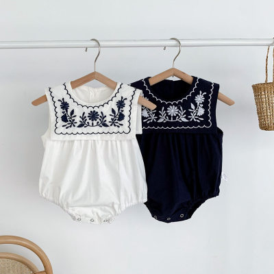 ins summer thin baby sleeveless vest bag fart clothing baby girl embroidered square collar navy style jumpsuit