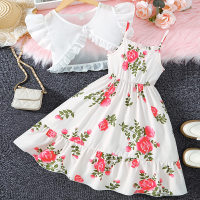 Little Girl Suspender Dress Set Pastoral Girl Rose Print Dress  White