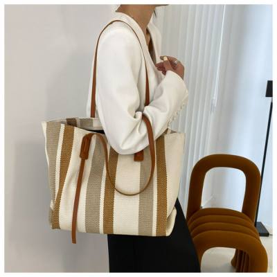 Large capacity women's shoulder bag new simple vertical stripes casual tote bag fashion handbag