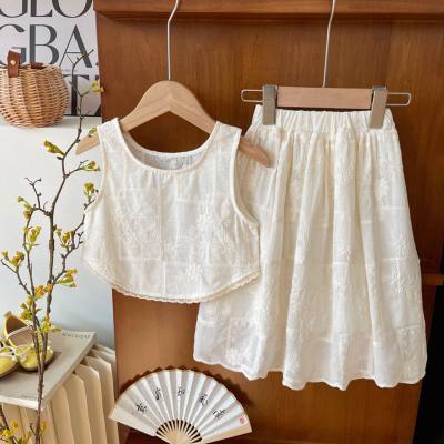Children's clothing summer new style baby girl pure color suit girl sleeveless top skirt thin two-piece suit