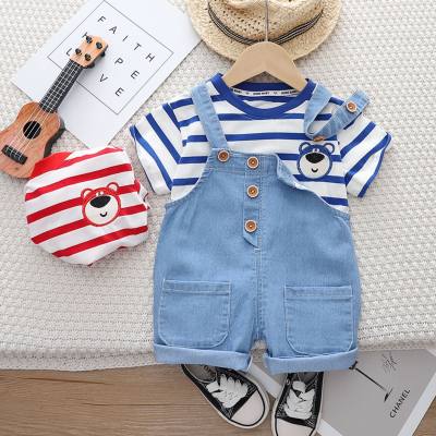 2024 summer denim thin short-sleeved striped t-shirt for boys, fashionable summer clothes, baby breathable