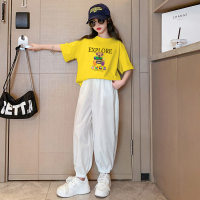 Girls summer loose casual sports suits for small and medium-sized children, fashionable and stylish bear short-sleeved T-shirt and white trousers  Yellow