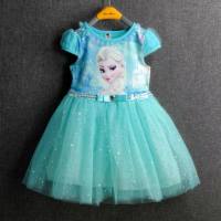 Girls Summer Short Sleeve Dress Tutu Skirt Frozen Series Elsa Princess Dress  Light Blue