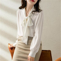 Elegant solid color bow shirt top  White