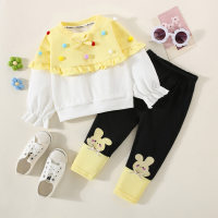 T-shirt a maniche lunghe con fiocco e decorazioni a pois in 2 pezzi per bambina e pantaloni dritti con motivo coniglio a blocchi di colore  Giallo