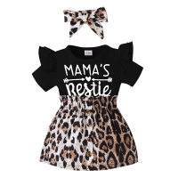Baby short-sleeved dress baby new leopard print patchwork skirt headscarf two-piece set  Black
