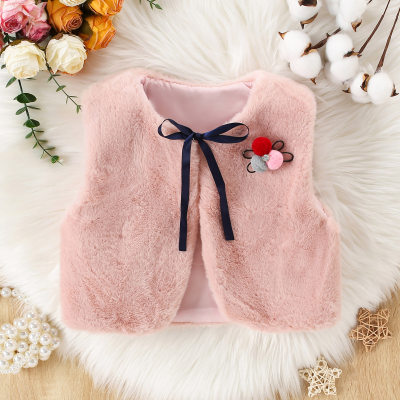 Toddler Girl V-neck Winter Solid Fur-ball Accessories Thick Vest