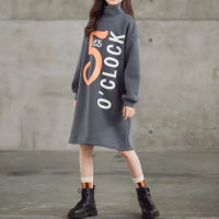 Kid Girl Letter and Number Printed Turtle Neck Fleece-lined Long Sleeve Dress  Gray